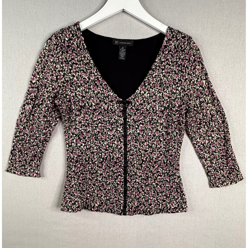 INC Y2k Vintage Mesh Top Womens M Black Floral Textured 3/4 Sleeve Bow